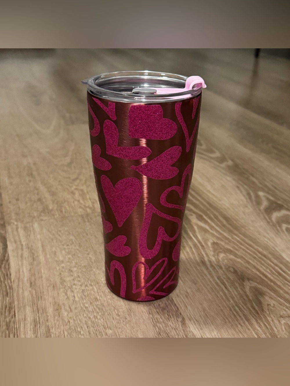 Pink Heart Stainless Travel Tumbler with Clear Lid